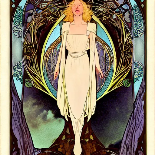 Prompt: cate blanchett as galadriel, mucha style, art nouveau,