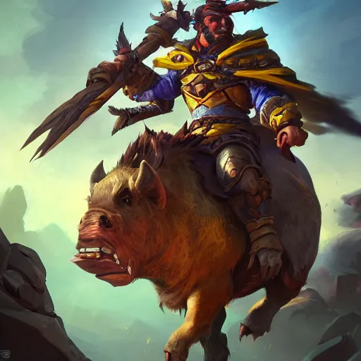 Prompt: a boar rider warrior, yellow theme, bright art masterpiece artstation. 8 k, sharp high quality artwork in style of jose daniel cabrera pena and greg rutkowski, concept art by tooth wu, blizzard warcraft artwork, hearthstone card game artwork, boar rider