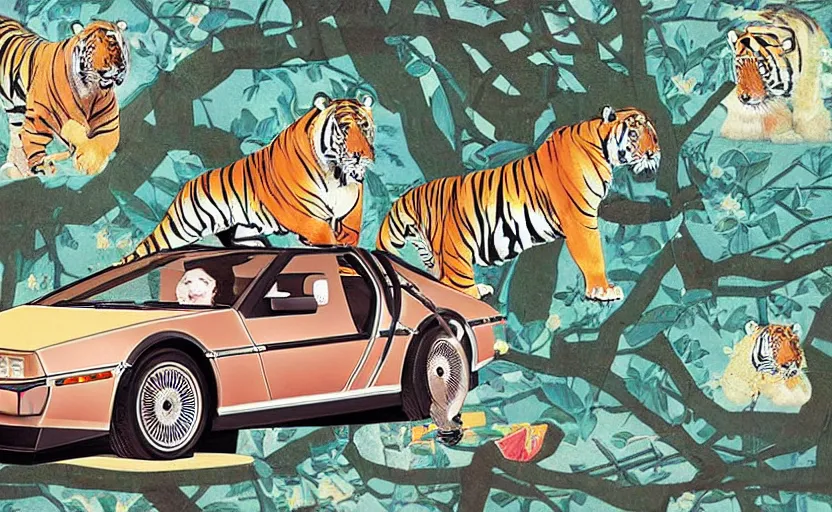 Image similar to a delorean and a tiger, colourful magazine collage, art by hsiao - ron cheng and utagawa kunisada, # e 5 3 7 1 b, # e 4 e 6 2 0, # de 9 5 f 0