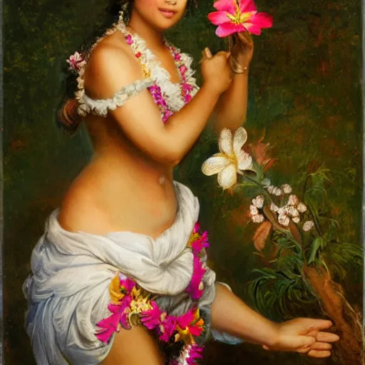Image similar to Hawaiian girl, flowers, rococo