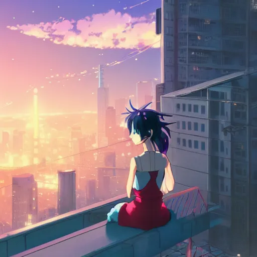 Image similar to beautiful anime painting of a woman with dark - blue hair sitting on a rooftop in a cyberpunk city, nighttime, by makoto shinkai, kimi no na wa, artstation, atmospheric, high detail