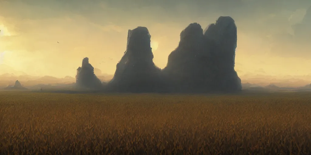 Prompt: wide shot of a floating monolith above a cornfield, late afternoon, golden hour, concept art by greg rutkowski and jakub rebelka