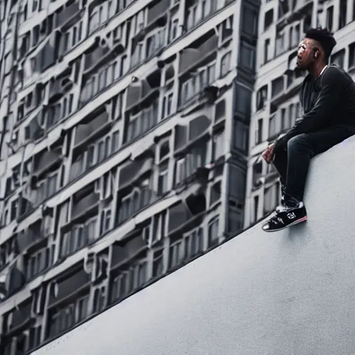 Image similar to a man sitting on the edge of a tall building. just observing