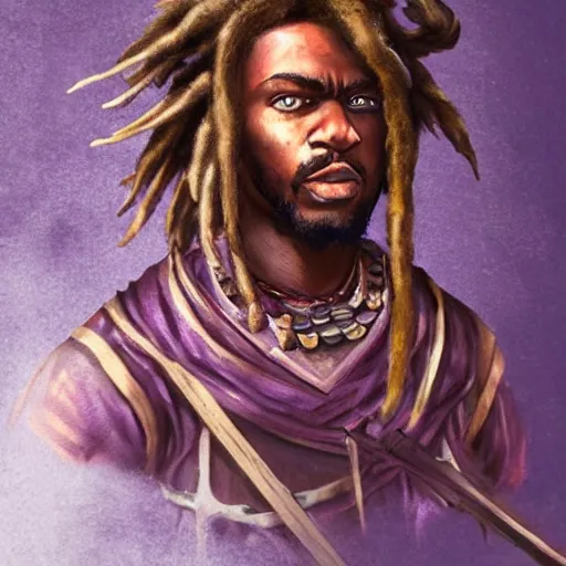 Image similar to a medieval hunter with african ethnicity and dreadlocks, plum color scheme, fantasy character portrait