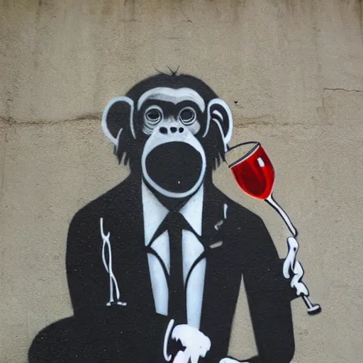 Image similar to Graffiti by Banksy of an ape in a suit drinking champagne