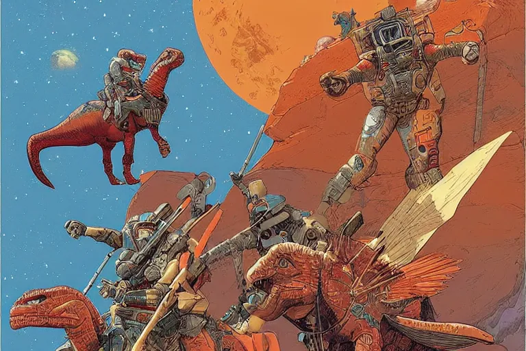 Image similar to beautiful amazons riding dinosaurs on mars against a backdrop of canyons, mercury rainbows in the sky and space fighters shooting, artwork by jean giraud