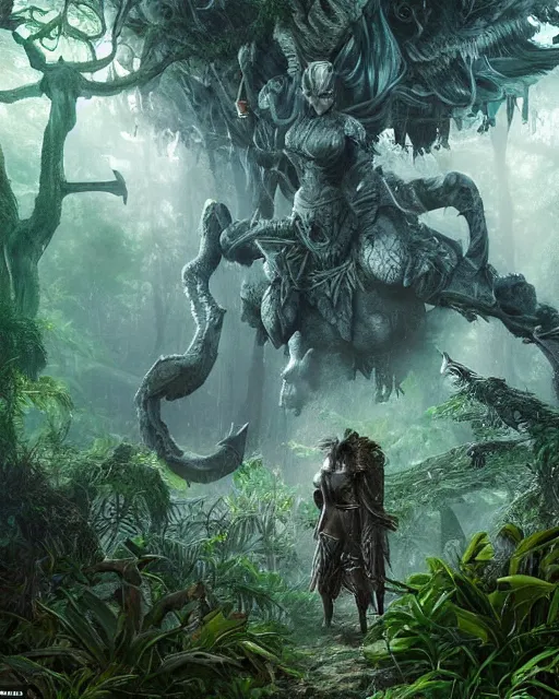 Image similar to a strong knight walking towards an ominous goddess in a densely overgrown, eerie jungle, fantasy, stopped in time, dreamlike light incidence, ultra realistic