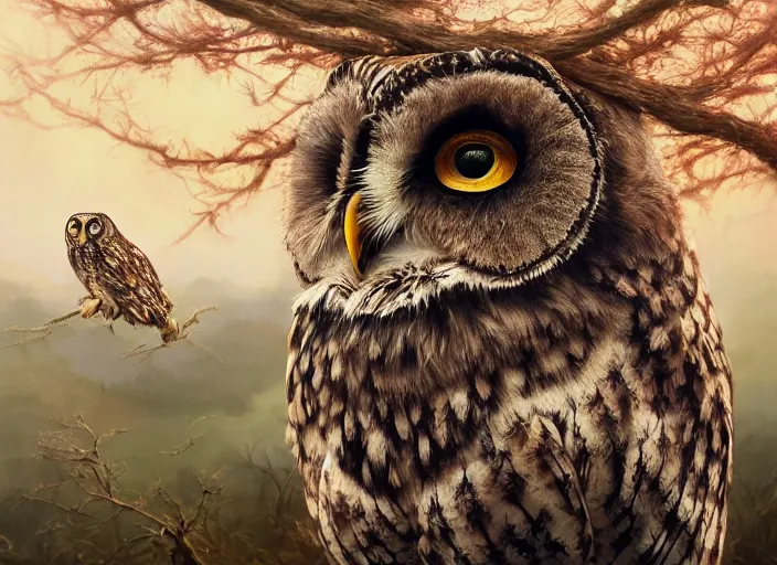 Prompt: a full head photoshot, detailed photograph of a dreaming owl in a distance landscape, photorealism ultradetailed digital art, irina french, heraldo ortega, mandy jurgens, golden ratio, art canvas, award winning, masterpiece trending on artstation 8 k 1 5 0 mpx, hasselblade wide shot