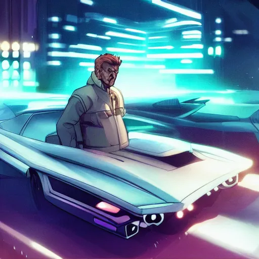 Prompt: Ridley Scott as the Rick Deckard, Ridley Scott in a Bladerunner car, ambient lighting, 4k, anime key visual, lois van baarle, ilya kuvshinov, rossdraws, artstation