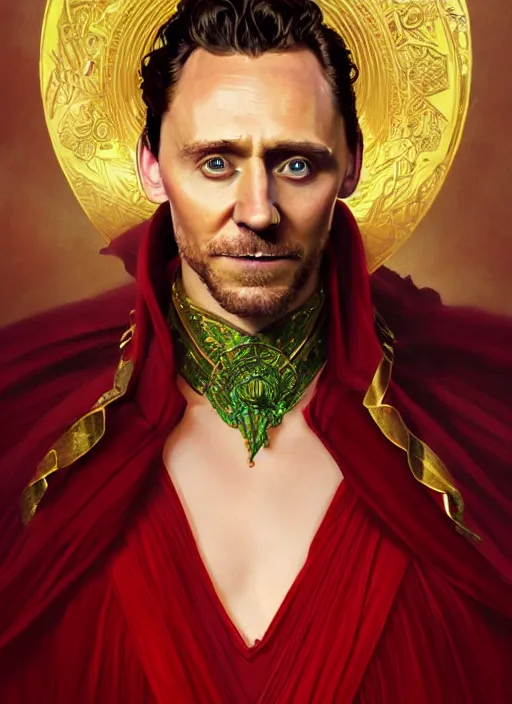 Image similar to portrait of tom hiddleston as a lord, crimson peek, jewelry, greek, emerald, intricate, headshot, highly detailed, digital painting, artstation, concept art, sharp focus, cinematic lighting, illustration, art by artgerm and greg rutkowski, alphonse mucha, cgsociety