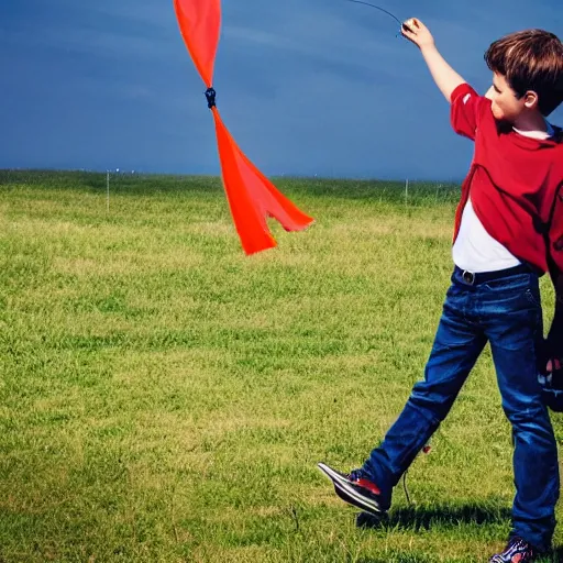 Image similar to a boy flying a drone as if it were a kite tied to a string.