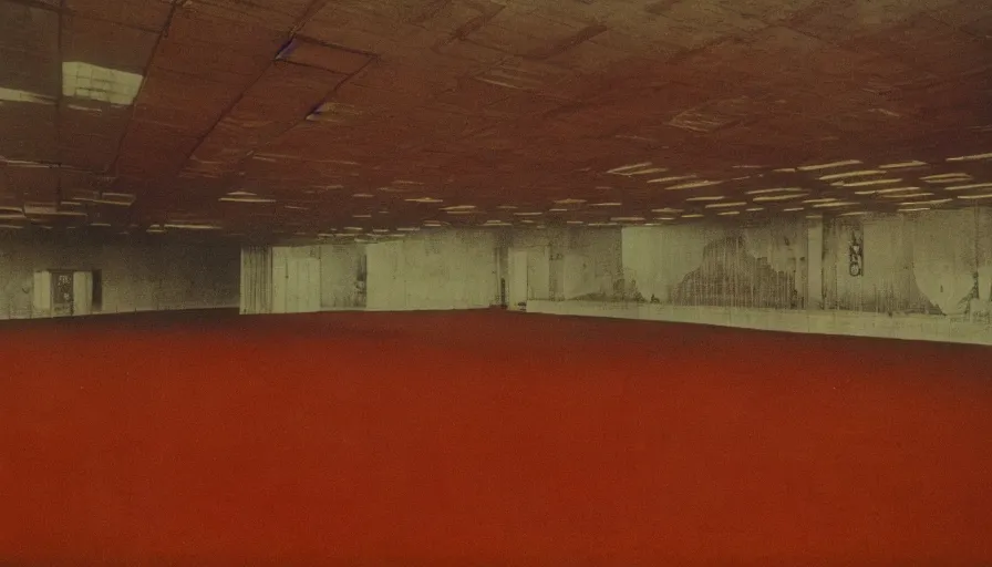 Prompt: 70s movie still of a man with superthin head in an empty soviet ballroom, eastmancolor, heavy grain, high quality, higly detailed, liminal space