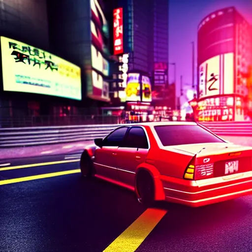 Image similar to a car drifting JZX100 in middle of road, shibuya prefecture, city sunset, cinematic color, photorealistic, highly detailed, bokeh, DOF, octane render