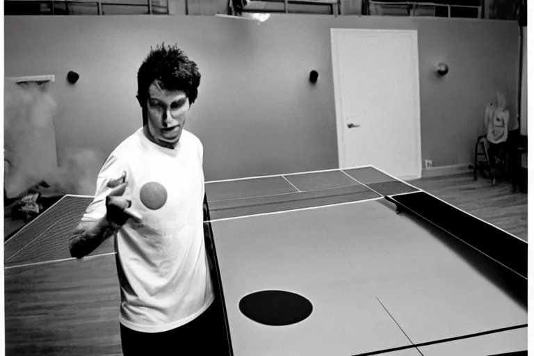 Image similar to very sweaty man playing ping pong, cookbook photo, in 1 9 9 5, y 2 k cybercore, industrial low - light photography, still from a ridley scott movie