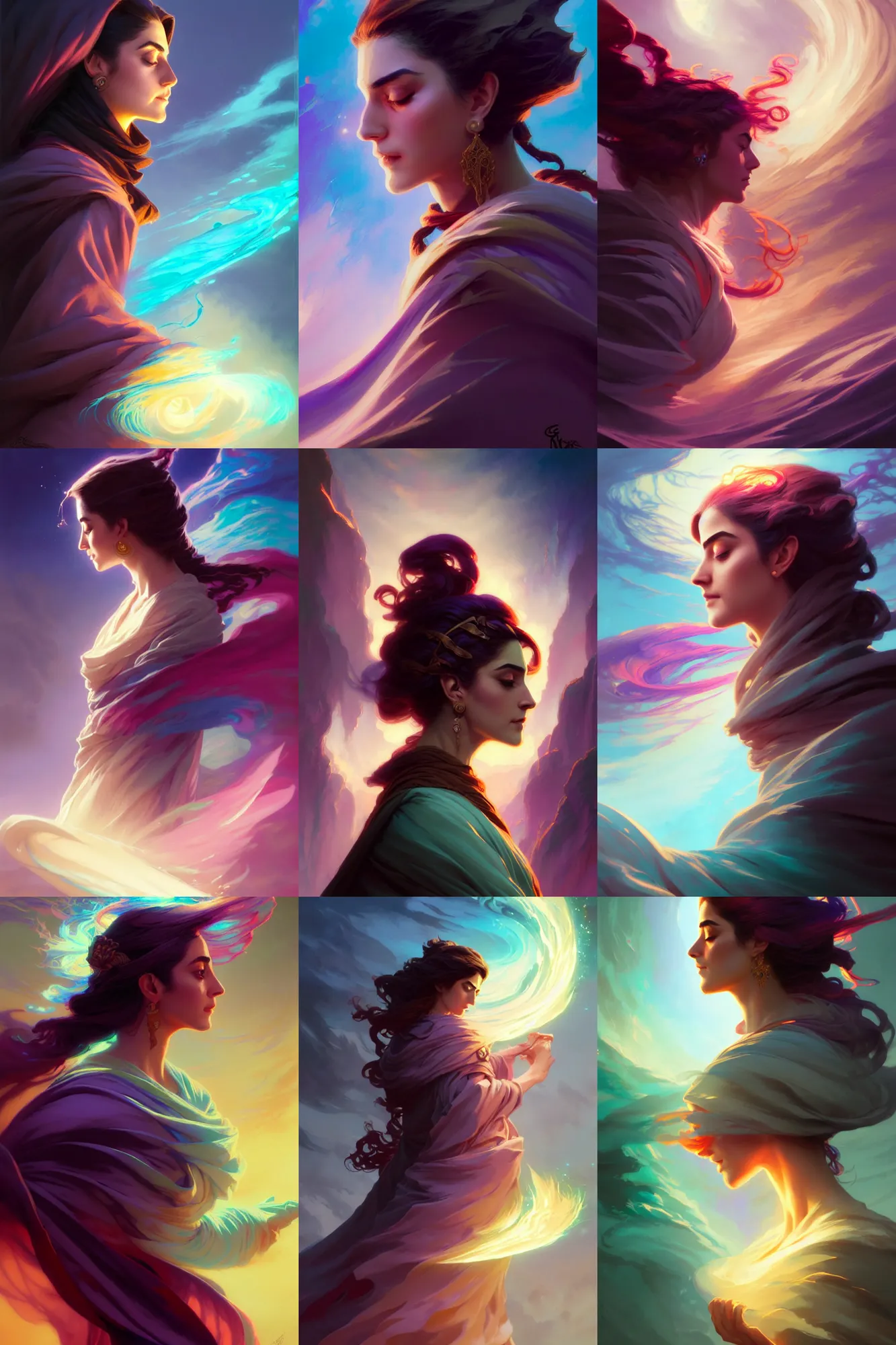 Prompt: side profile, maya ali, wind sorcerer, gloomhaven, dota robes, elegant, concept art, smooth, psychedelic, colorful swirly magic ripples, pastel colors, by greg rutkowski, jesper ejsing, ilya kuvshinov, artgerm, mucha