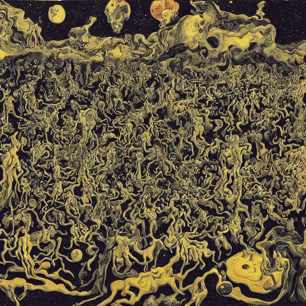 Image similar to intergalactic psychonaut unholy gathering, 4K, by collaboration of M. C. Escher and Salvador Dali and Van Gogh