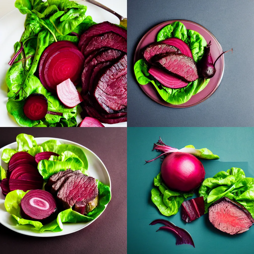 Prompt: onion, beets, steak, lettuce, food photography, award winning, michelin star restaurant