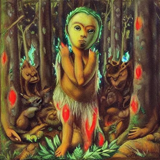 Image similar to “child god of the forest making a ritual, artwork”