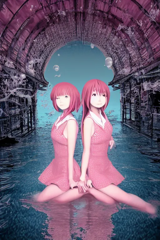 Prompt: 3d realistic dramatic infrared photo of two anime schoolgirls with a realistic face falling down from huge japanese bridge in a dark subway station under water in Japan. Close-up portrait. There are pink palm trees and translucent glow jellyfish flying around. Volumetric composition. Pastel colors in the style of Hiro Kiyohara, redshift, octane, trend artstation, cinematic, hyper realism, high detail, 8k