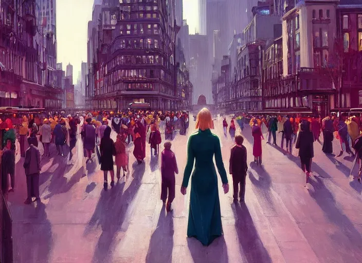 Prompt: inspiring beautiful girl walking among crowd of celebrating people in a beautiful futuristic city on 1st of May by Edward Hopper and Dan Mumford and WLOP, Unreal Engine 5, Lumen, Nanite