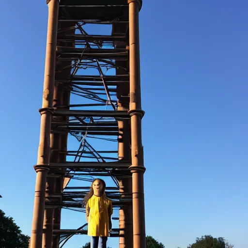 Image similar to photo of greta thunberg standing on top of a very tall tower