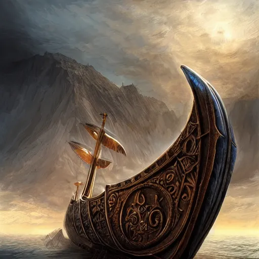 Image similar to epic viking ship, centered in picture, epic fantasy, detailed, intricate, digital painting, concept art, realistic, smooth, focus, rim light