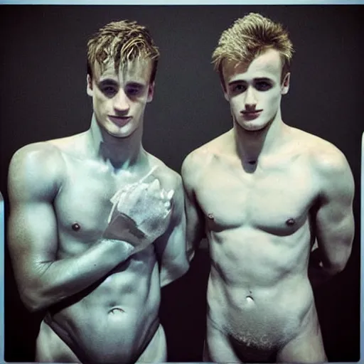 Prompt: “a realistic detailed photo of a guy who is an attractive humanoid who is half robot and half humanoid, who is a male android, British diver Jack Laugher & Chris Mears, shiny skin, posing like a statue, blank stare, by a diving pool, on display”