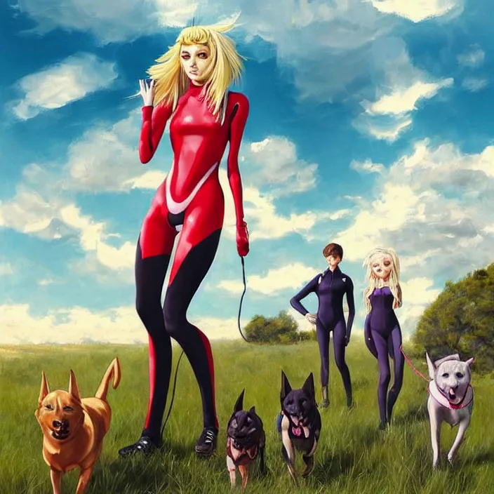 Image similar to full body portrait of a combination of Ashley Greene, Victoria Justice and Adriana Dxim, Grace Kelly and Lily Collins with blonde hair wearing a Plugsuit from Neon Genesis Evangelion and walking dogs, countryside, calm, fantasy character portrait, dynamic pose, above view, sunny day, thunder clouds in the sky, artwork by Jeremy Lipkin and Giuseppe Dangelico Pino and Michael Garmash and Rob Rey and Greg Manchess and Huang Guangjian, very coherent asymmetrical artwork, sharp edges, perfect face, simple form, 100mm