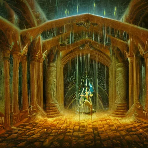 Image similar to Miltonian disasterpiece cult rain mesmerizing inner sanctum of the most venerable and beautiful truth, in the style of Jeff Easley, Grant Wood, Ken Kelly, Élisabeth Vigée Le Brun, dramatic lighting, establishing shot, detailed and realistic faces, 8k resolution – W 1024