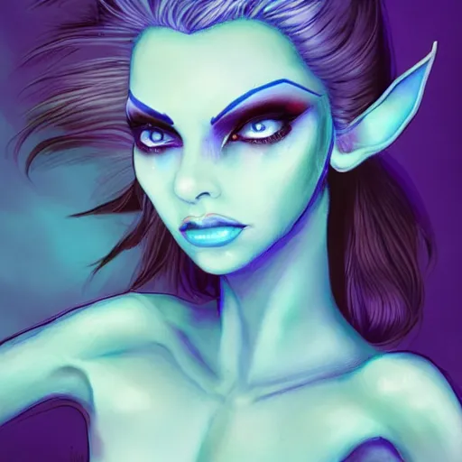 Image similar to Elf with blue skin, alien skin, blue elf, blue, blue-skinned elf, green hair, glam hair, hairspray, big hair, wild hair, 80s hair, glam make-up, 80s, illustration, fantasy art, trending on ArtStation, 1980s fantasy art