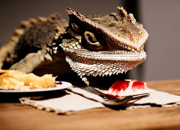 Prompt: dslr portrait still of a bearded dragon eating a slice of cheesecake, 8 k 8 5 mm f 1. 4