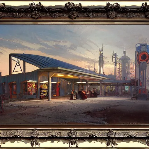 Prompt: painting of syd mead artlilery scifi gas station with ornate metal work lands on a farm, filigree ornaments, volumetric lights, andreas achenbach