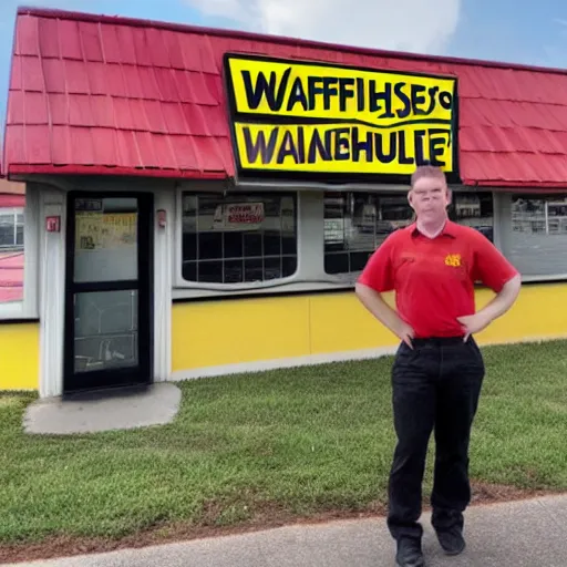 Image similar to wafflehouse employee's standing below wafflehouse sign