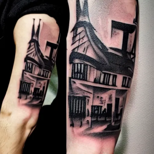 Image similar to dark japanese urban architecture, tattoo, tattoo on upper arm