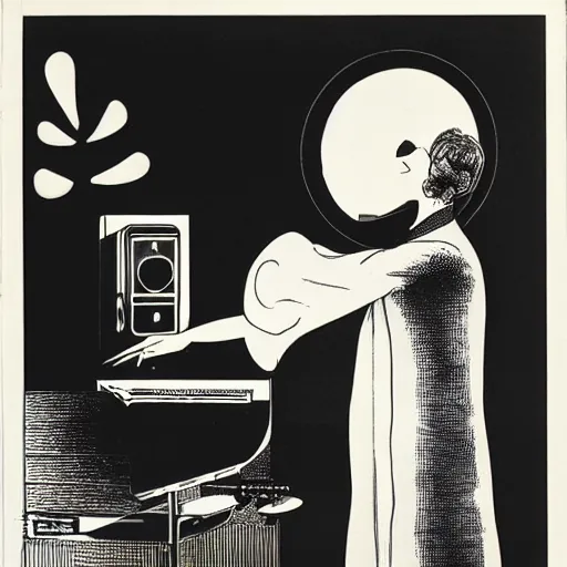 Prompt: the somnambulist from the cabinet of dr. caligari playing a emerson moog modular synthesizer, style of aubrey beardsley