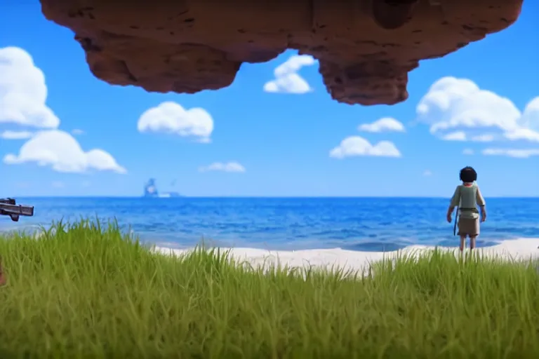 Image similar to game trailer of a semi realistic first person studio ghibli, pixar and disney animation, sharp, shooter game trailer on a shining beach, beach landscape, rendered in unreal engine 5, cinematic lighting, ray tracing, unreal engine 5, photorealistic