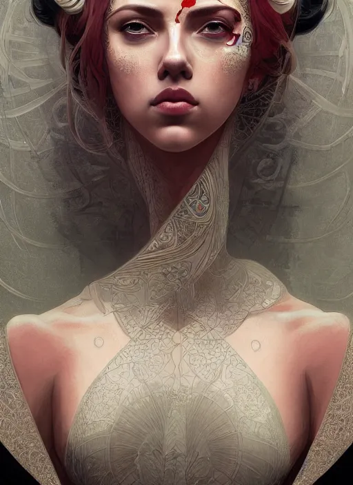 Image similar to symmetry!! scarlett johansson, geisha, machine parts embedded into face, intricate, elegant, highly detailed, digital painting, artstation, concept art, smooth, sharp focus, illustration, art by artgerm and greg rutkowski and alphonse mucha, 8 k