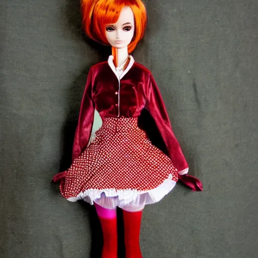 Image similar to anime barbie doll, in red velvet stockings, a nurse's dress, full length, heels on her feet