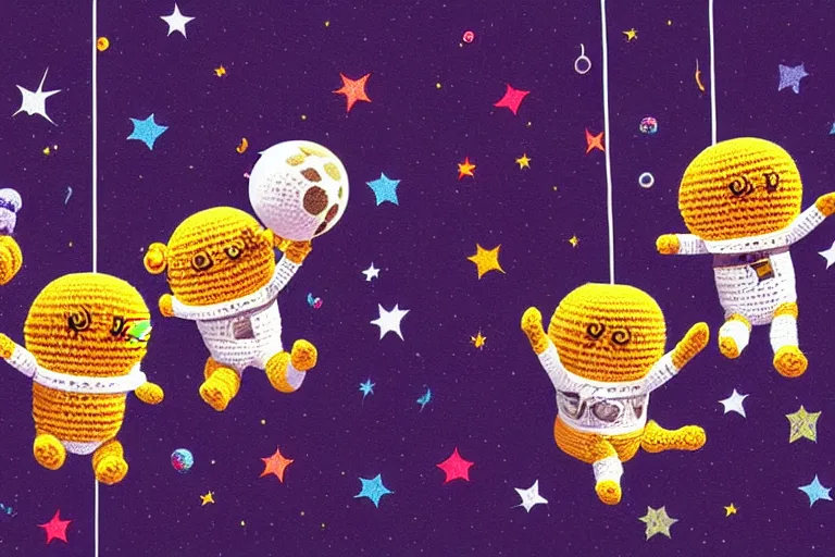 Image similar to a group of three crochet cute astronauts climbing a yarn wall. cute, illustration, digital art, inspired by little big planet, by greg rutkowski, detailed, sharp, masterpiece, highly detailed, photorealistic, octane render, 8 k, unreal engine 5, trending on artstation, vivid colors, cinematic, close up