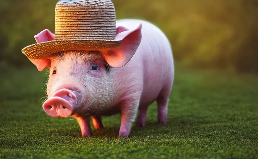 Prompt: a cute pig wearing a straw hat at blue hour, twilight, cool, award winning 4 k photo, twilight cool light