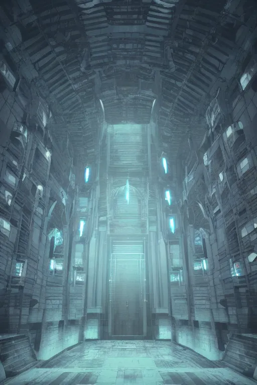 Image similar to Artwork by Beeple of the cinematic view of the Hall of Iron Agony, Infernal, Writings.