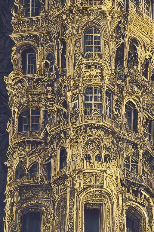 Image similar to silver tower of the moon, fairytale illustration, elaborate carved wood balconies, gilded wood, tall windows, formal gardens, dramatic cinematic lighting, beautiful moths, soft colors