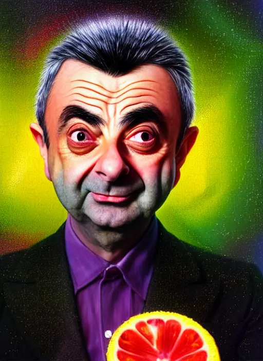 Image similar to hyper detailed 3d render like a Oil painting - kawaii portrait of Rowan Atkinson in Aurora seen Eating of the Strangling network of yellowcake aerochrome and milky Fruit and Her delicate Hands hold of gossamer polyp blossoms bring iridescent fungal flowers whose spores black the foolish stars by Jacek Yerka, Mariusz Lewandowski, Houdini algorithmic generative render, Abstract brush strokes, Masterpiece, Edward Hopper and James Gilleard, Zdzislaw Beksinski, Nicoletta Ceccoli, Wolfgang Lettl, hints of Yayoi Kasuma, octane render, 8k