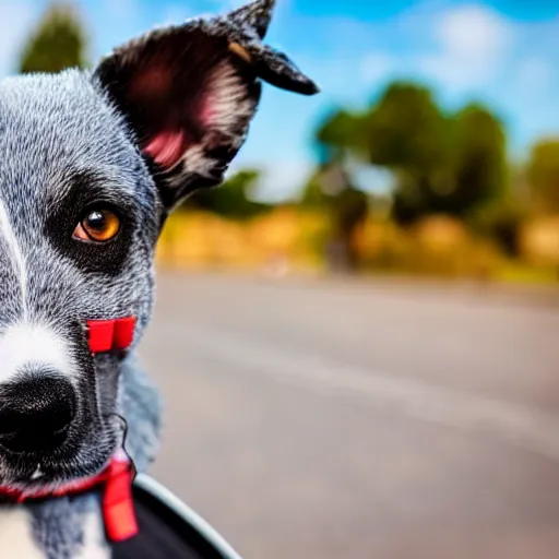 Image similar to blue heeler dog on a motorcycle, 8 k photography, blurred background of a wafflehouse