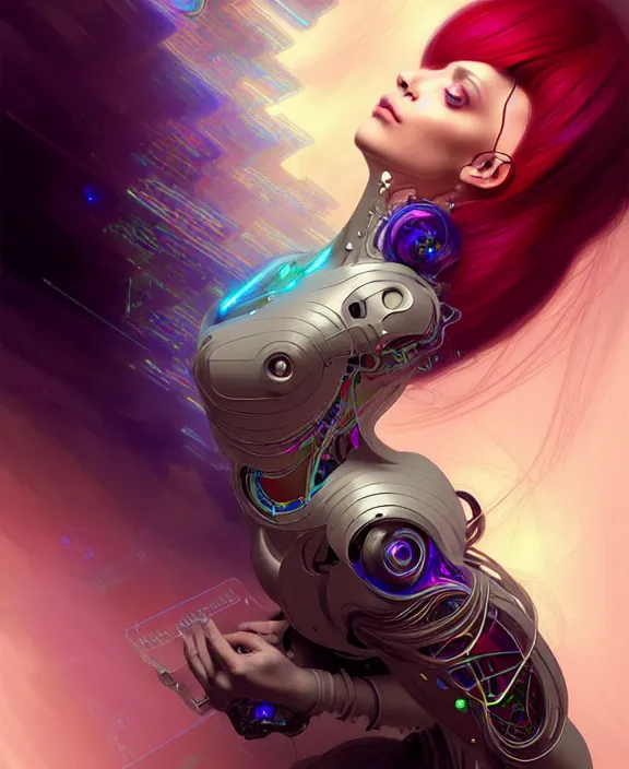 Image similar to a whirlwind of souls rushing inside the metaverse, hologram, half body, neurochip, shaved temple, piercing, jewelry, android, cyborg, cyberpunk face, by loish, d & d, fantasy, intricate, elegant, highly detailed, colorful, digital painting, artstation, concept art, art by artgerm and greg rutkowski and alphonse mucha