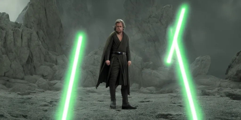 Image similar to Star Wars The Last Jedi, Luke Skywalker, jedi robes, green lightsaber stands alone, heroic pose, solo, full body, ultra realistic, 4K, movie still, UHD, sharp, detailed, cinematic, render, modern