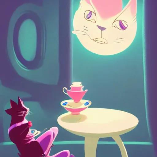 Image similar to cheshire cat drinking tea, in the style of atey ghailan and james gilleard and goro fujita, exquisite lighting, art, very coherent, trending on artstation