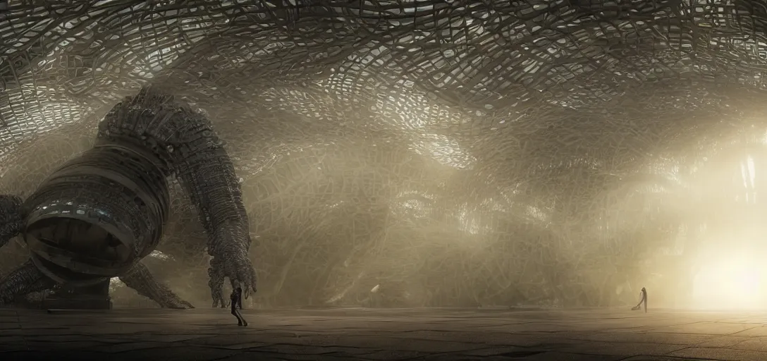 Image similar to a complex organic fractal 3 d metallic symbiotic ceramic humanoid megastructure creature in a train station, foggy, sun rays, cinematic shot, photo still from movie by denis villeneuve, wayne barlowe