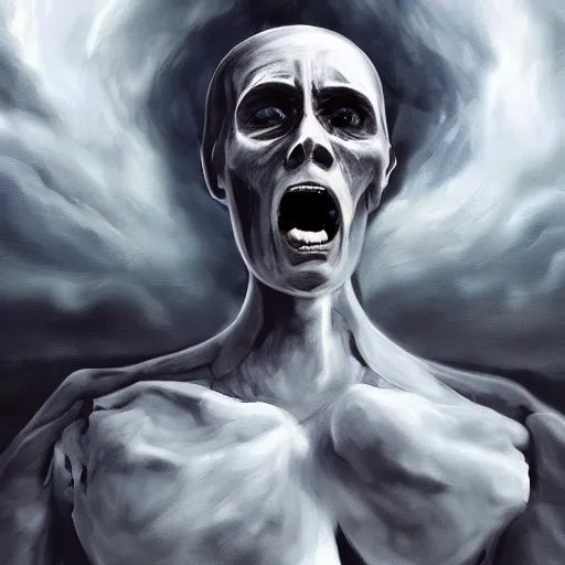 Image similar to A beautiful computer art that captures the feeling of terror and anguish. The bright sky contrasts sharply with the dark, ominous figure in the background, creating a sense of unease and foreboding. The figure's face is twisted in a scream of agony, conveying the true horror of the scene. This computer art is truly a masterpiece of emotion and terror. by Clemens Ascher, by Carl Gustav Carus saturated