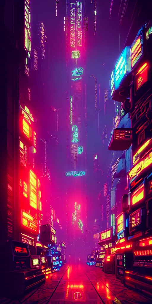 Image similar to epic cyberpunk arcade city : : blade runner, james guilleard, beeple, laurie greasley, dan mcpharlin : : ornate, dynamic, particulate, rich colors, intricate, elegant, highly detailed, centered, artstation, smooth, sharp focus, octane render, 3 d